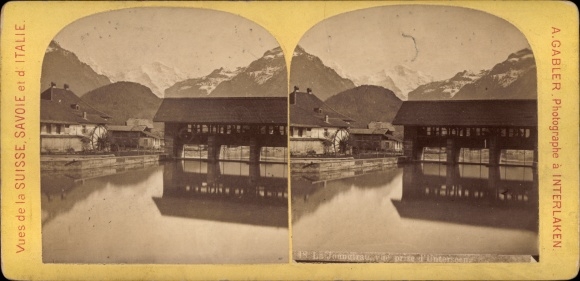 Stereo photo Interlaken Kt. Bern Switzerland, part at the lock, mountains