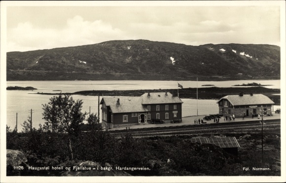 Postcard Haugastol Norwegen, Bahnhof, Gleisseite, Hotel, Fjellstue, Hardangerveien