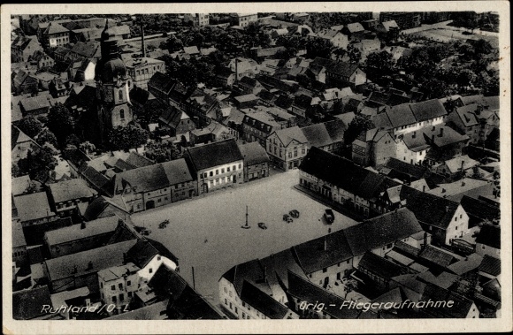 Postcard Ruhland in Upper Lusatia, aerial view of the town, market