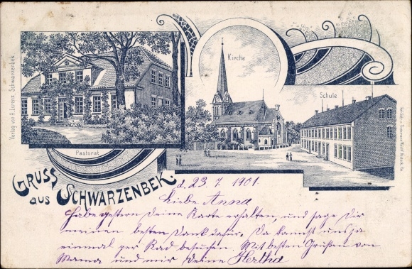 litho Schwarzenbek in Lauenburg, pastoraat, kerk, school