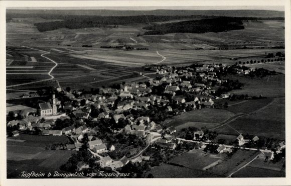 Postcard Tapfheim an der Donau Swabia, aerial view of Tapfheim, agricultural landscape