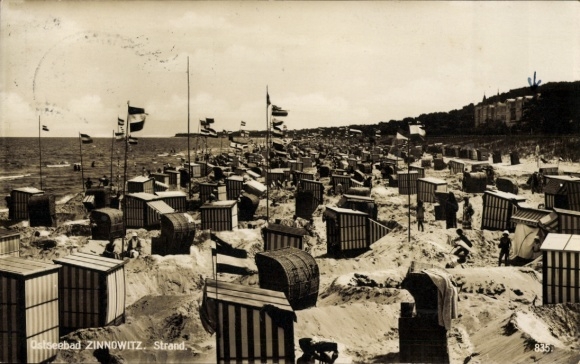 Postcard Ostseebad Zinnowitz on Usedom, beach, Baltic Sea resort many beach chairs, lake, clouds