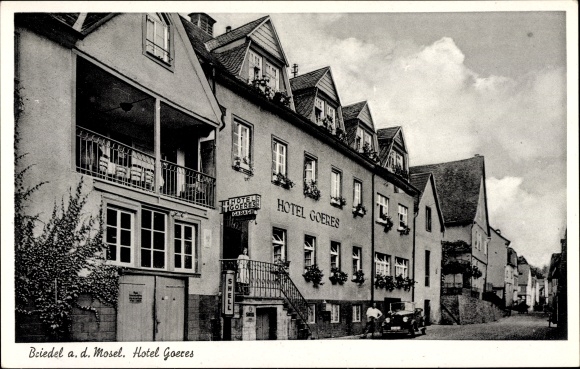 Postcard Briedel on the Moselle, Hotel Goeres, Shell gas pump