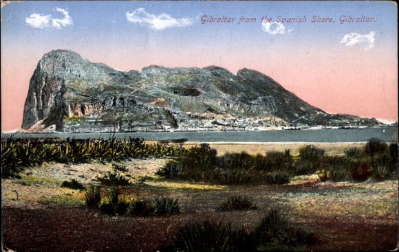 Ak Gibraltar, Gibraltar vanaf de Spaanse kust, rotsen, zee, landschap
