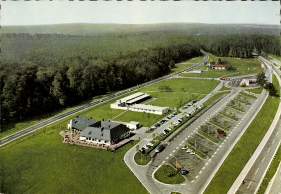 Postcard Rohrbrunn Weibersbrunn in Bavaria, aerial photo of the motorway rest house in the Spessart, motel
