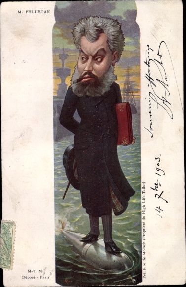 Artist Postcard Sirat, Camille Pelletan, Minister of the Navy, portrait on a torpedo, caricature