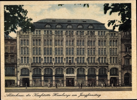 Postcard Hamburg, Jungfernstieg, Alsterhaus, department store, goods