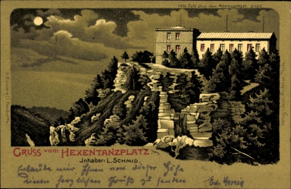Mondschein Litho Thale im Harz, Hotel auf dem Hexentanzplatz, Inh. L. Schmid, Mondschein
