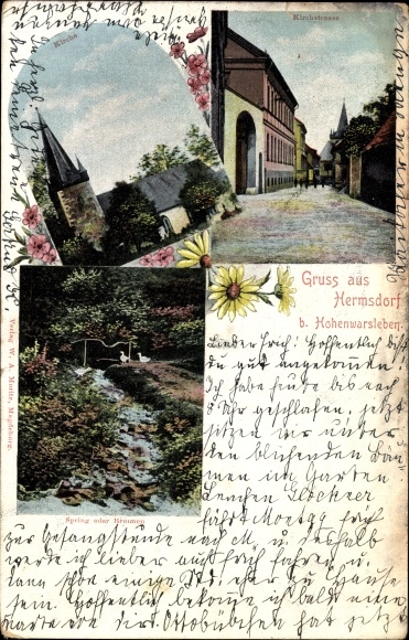 PC Hermsdorf Hohe Börde, Kirchstraße, view of the church, spring or fountain