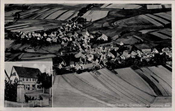 Postcard Michelbach an der Lücke Wallhausen in Württemberg, aerial photograph, war memorial