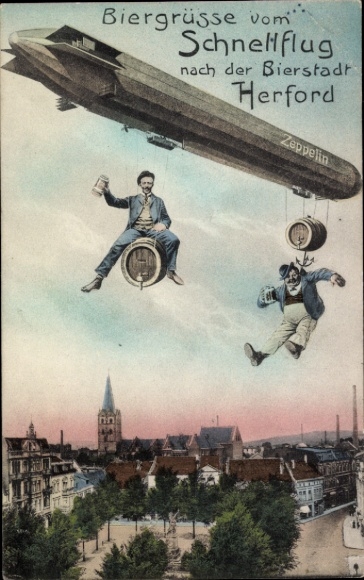 Ak Herford in Westfalen, Biergrüße vom Schnellflug, Zeppelin, Männer fliegen auf Bierfässern