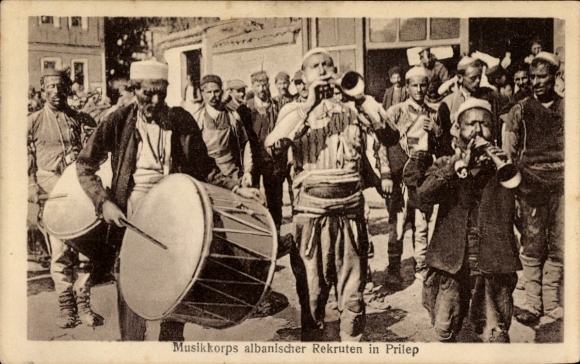 Postcard Prilep Macedonia, Albanian recruits, music corps