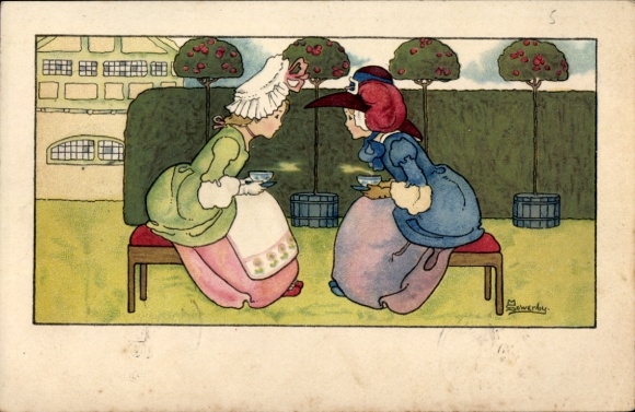 Kunstenaar Ak Sowerby, M., Meisje dat thee drinkt