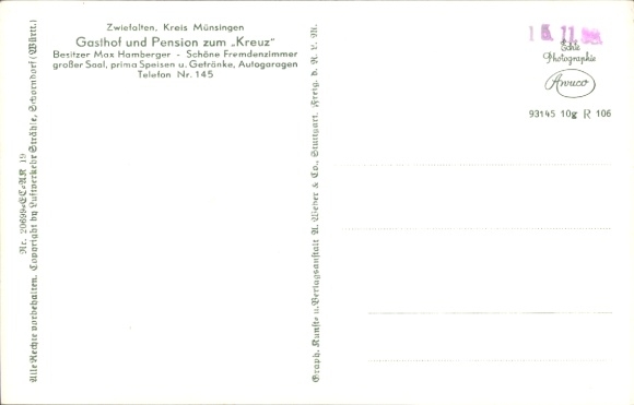 Postcard Zwiefalten in Württemberg, aerial photograph, inn and pension zum Kreuz