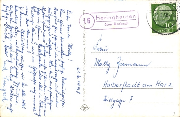 Krajowy stempel pocztowy (16) Heringhausen Diemelsee via Korbach na pocztówce 25 czerwca 1958