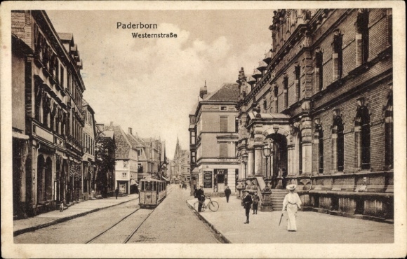 Postcard Paderborn in Westphalia, Westernstraße, tram, passers-by