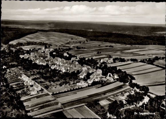 Postcard Schmie Maulbronn in the Enzkreis, aerial view of a village, fields, Protestant youth center