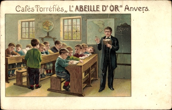 Litho Kinder in der Schule, Lehrer, Tafel, Reklame Cafe Torrefies L'Abeille d'Or, Anvers
