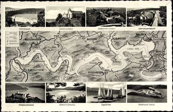Maps Postcard Bergheim Edertal Hesse, peninsula, Waldeck Castle, dam, Edertalsperre
