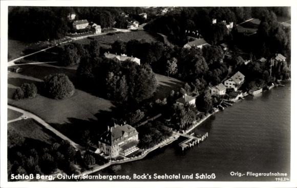 Postcard Starnberg on Lake Starnberg Upper Bavaria, aerial view of Berg Castle, Lake Starnberg, Bock's