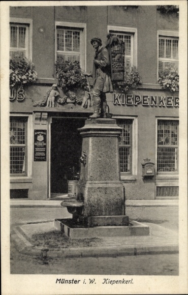Ak Münster in Westfalen, Statue Kiepenkerl,  Architektur, Blumen, freundlich