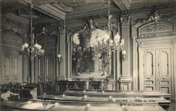 Ak Reims Marne, Hôtel de Ville, Salle du Conseil, Gemälde mit mehreren Personen