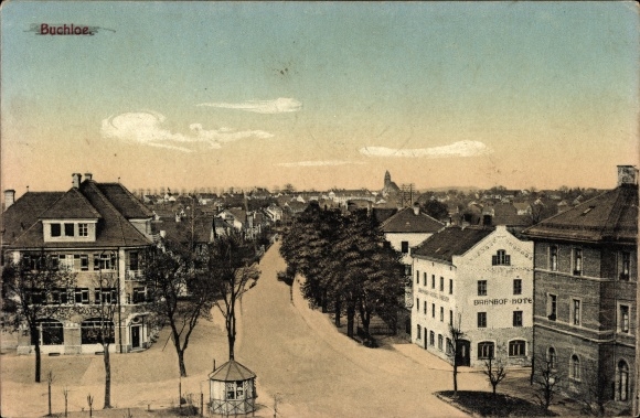 Postcard Buchloe im Allgäu, street section with train station hotel