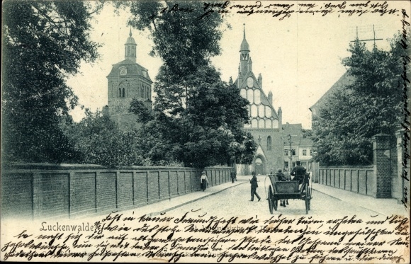 Postcard Luckenwalde in Brandenburg, street section, church tower
