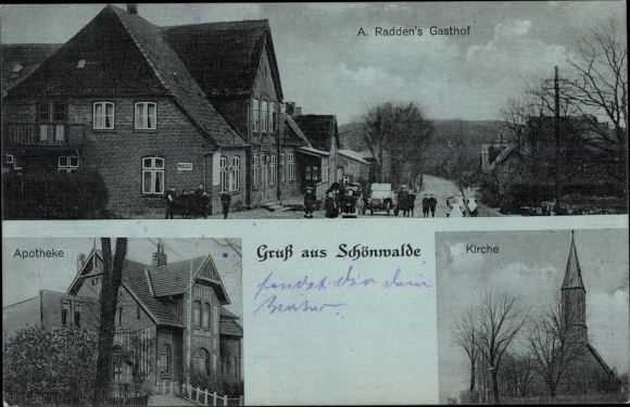 Postcard Schönwalde am Bungsberg in Ostholstein, pharmacy, church, inn