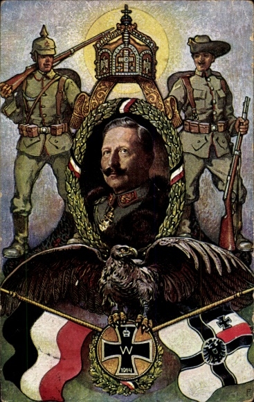 Artist Postcard Kaiser Wilhelm II, colonial war thanks, soldiers, flags, eagle