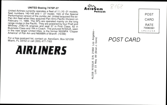 Postcard American passenger plane, UNITED Airlines, Boeing 747SP-27