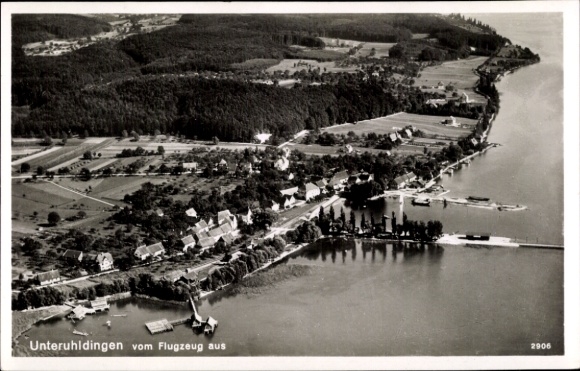 Postcard Unteruhldingen Uhldingen Mühlhofen am Bodensee, aerial photograph of clear view of the lake, land