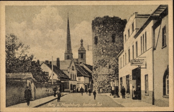 Postcard Burg bei Magdeburg, Berliner Tor, street view, church, car repair, passers-by