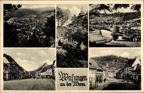Postcard Wasungen in the Thuringian Forest, general view, street section, passers-by