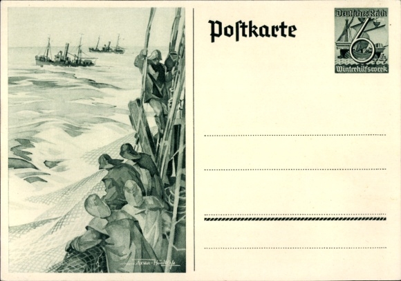 Postwaardekaart ansichtkaart Axster Heudtlaß, vissers op volle zee, vissersboten