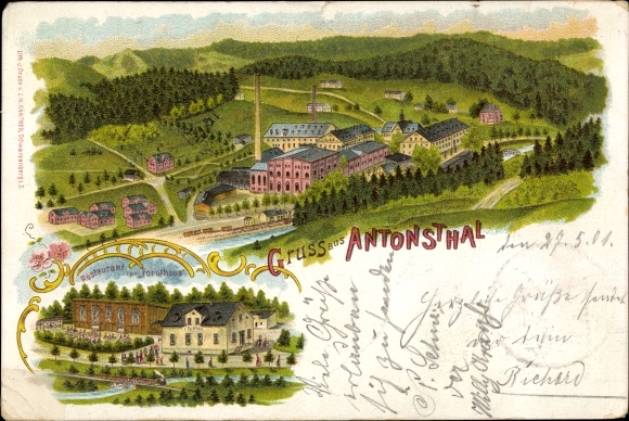 litho Antonsthal Breitenbrunn in het Erzgebirge, algemeen beeld, Restaurant Forsthaus