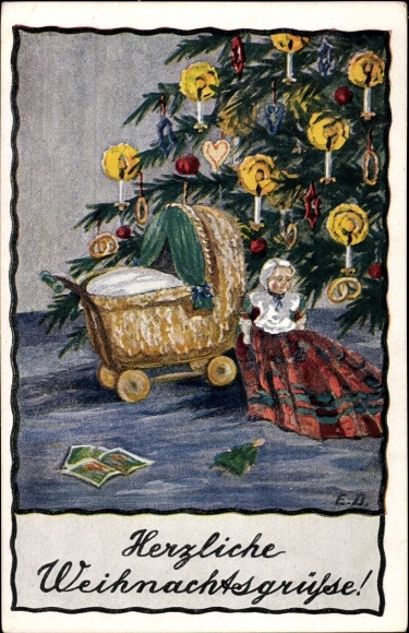 Kunstenaar ansichtkaart Dutschmann, gefeliciteerd Kerstmis, kerstboom, kaarsen, poppenwagen, pop