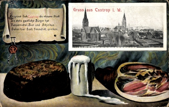 Passepartout Ak Castrop in Westfalen, Gesamtansicht, Kirchen, Pumpernickel, Bier und Schinken