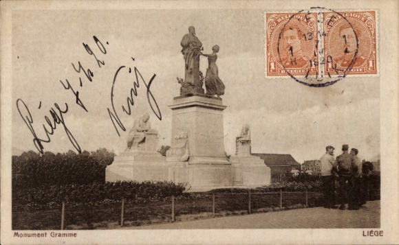 Postcard Liège Liège Wallonia, Monument Gramme, Statue, Liege, 4.4.10, two men