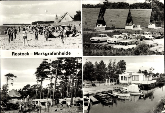 Ak Markgrafenheide Rostock in Mecklenburg, strand, volleybal, camping, aanlegsteiger van de DAV