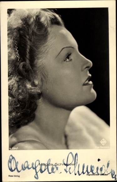 Ak Schauspielerin Magda Schneider, Portrait im Profil, Ross Verlag A 3364/1, Autogramm