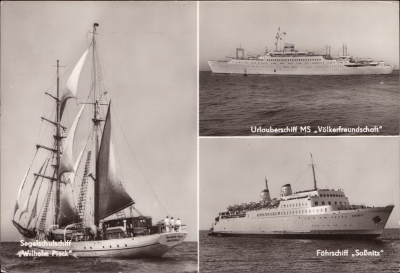Postcard sailing training ship Wilhelm Pieck, FDGB holiday ship Friendship of Nations, ferry Sassnitz