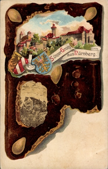 lito Norymberga w środkowej Frankonii, częściowy widok, zamek, herb, piernik