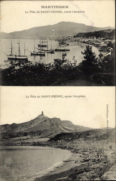 Ak Saint Pierre Martinique, Hafenansicht vor und nach der Eruption, zwei Fotografien