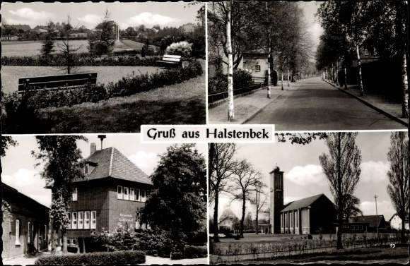 Ak Halstenbek Schleswig Holstein, park, laan, kerk, buurthuis