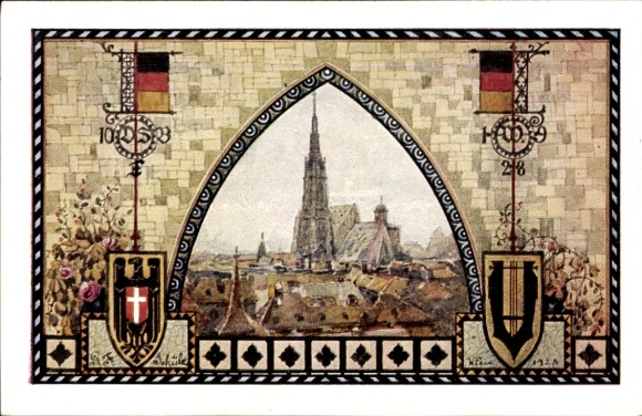 Coat of arms Postcard Vienna I, 10th German Singers' Festival 1928, St. Stephen's Cathedral