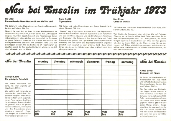 Timetable Ensslin Verlag, books new in spring 1973, &quot;tz&quot; pocket newspaper
