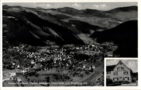 Postcard Hausen Raitbach im Wiesental Baden, aerial photograph, Gasthaus zur Linde