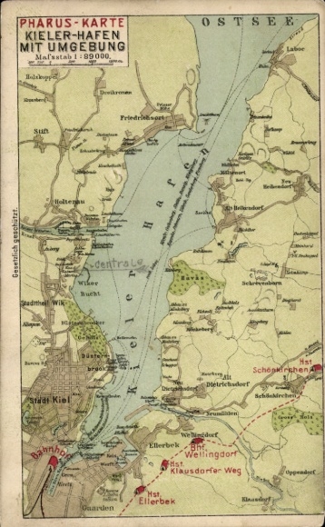Maps Postcard Kiel, Pharus map, harbor