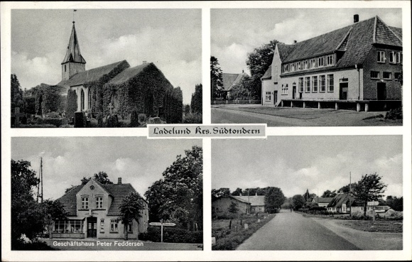 Ak Ladelund Nordfriesland, Geschäftshaus Peter Feddersen, Kirche